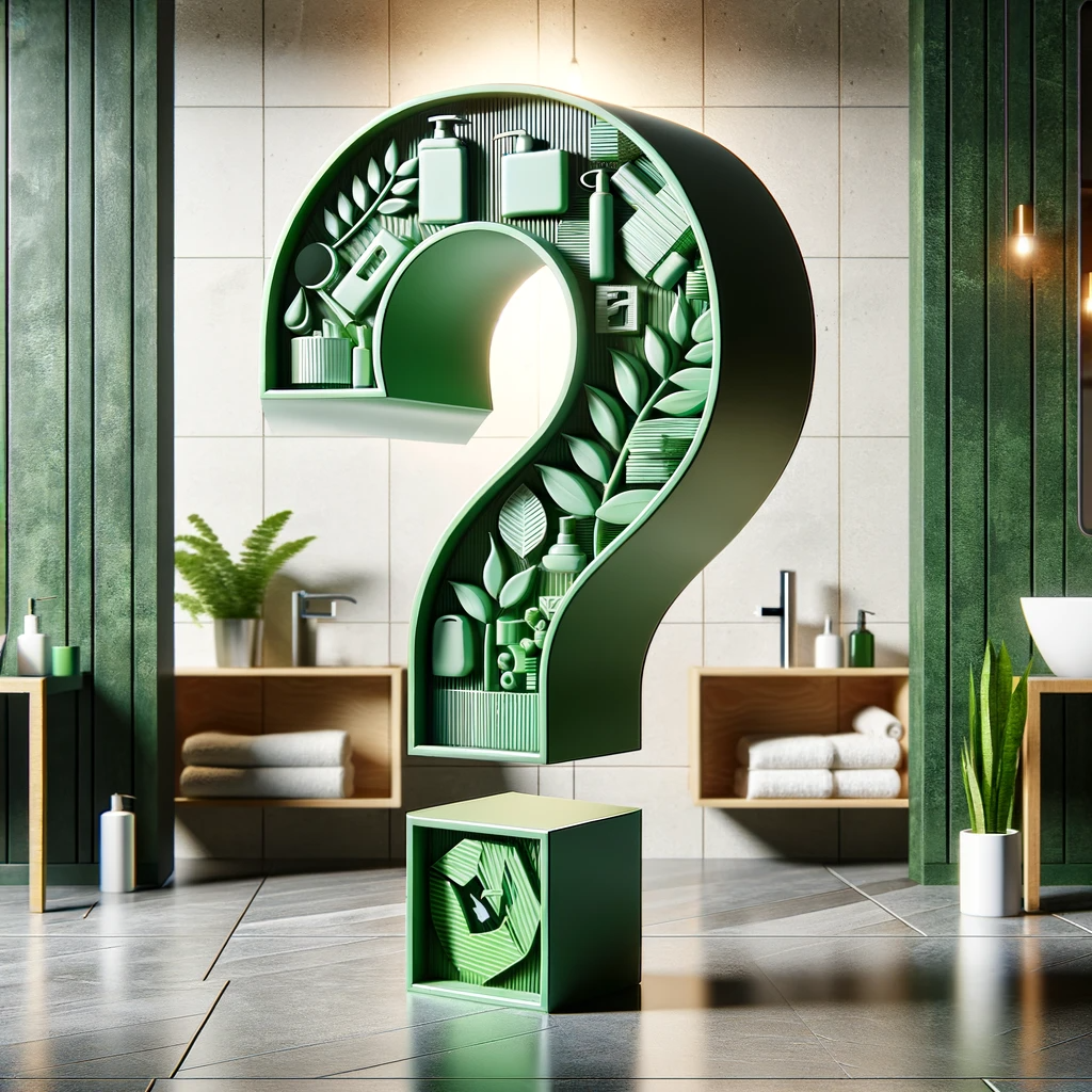 A green, question mark-shaped shelf in a modern bathroom with toiletries and plants.