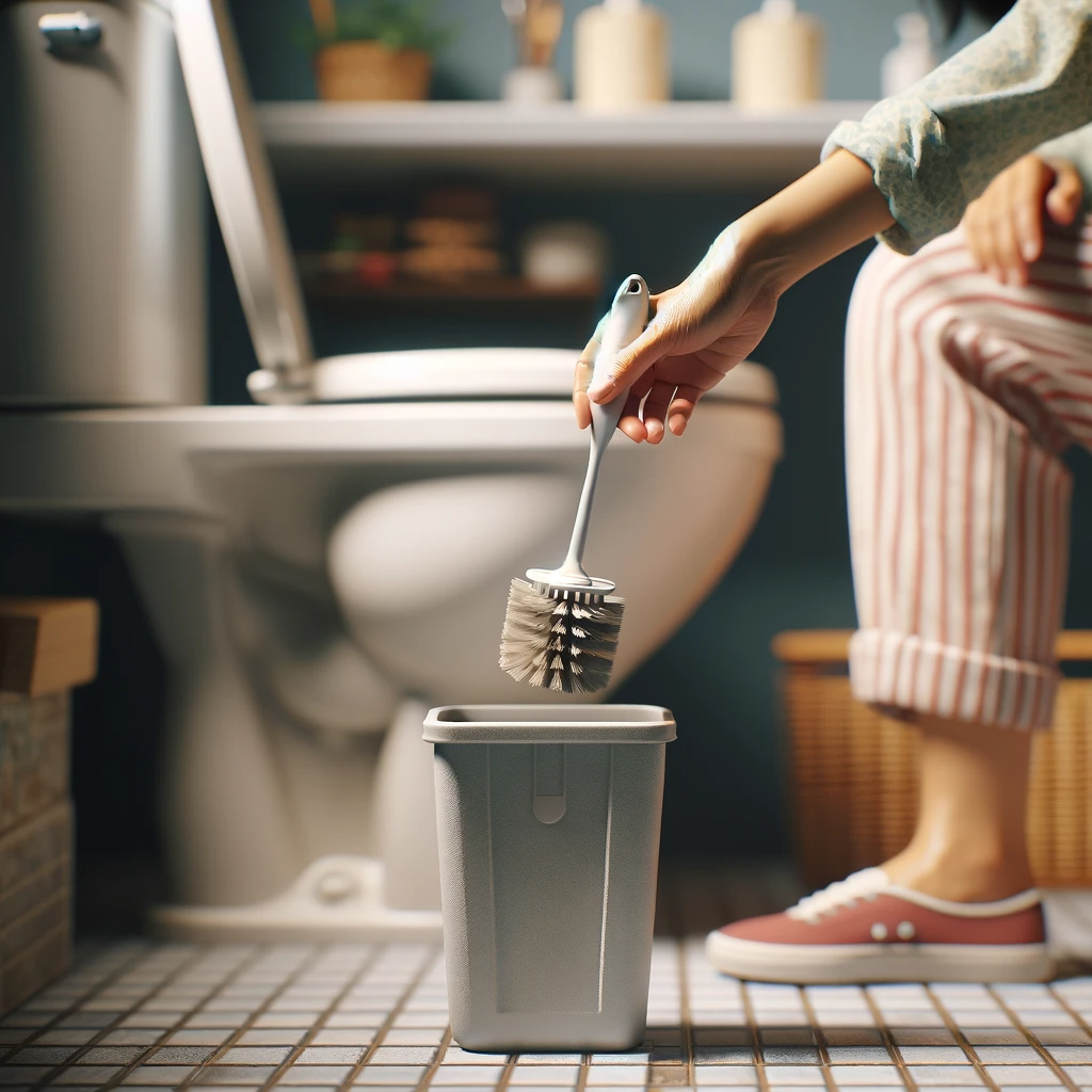 Person placing a toilet brush into a trash can in a bathroom.