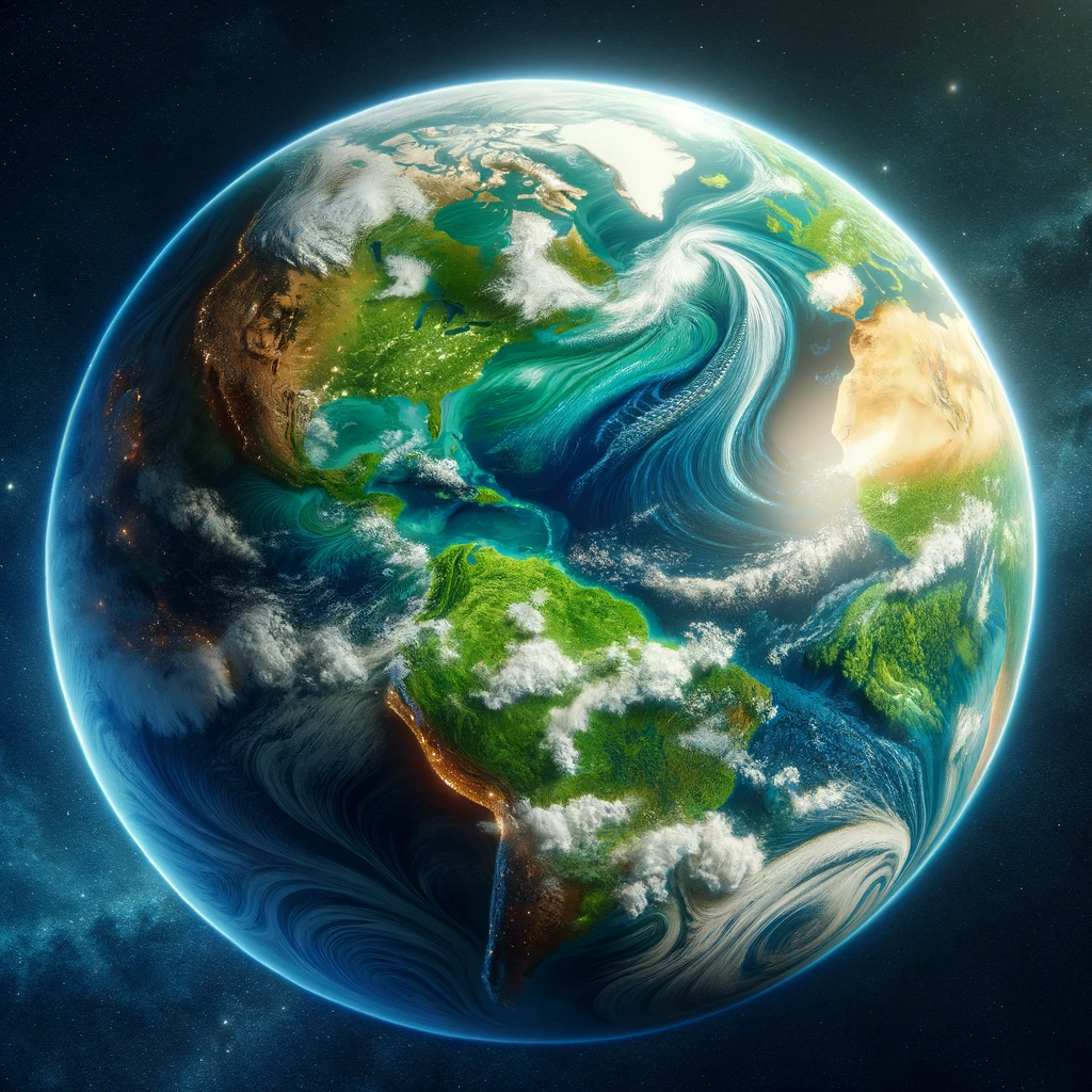 Artist's depiction of Earth from space, showing the Americas with vibrant colors and dynamic cloud formations.